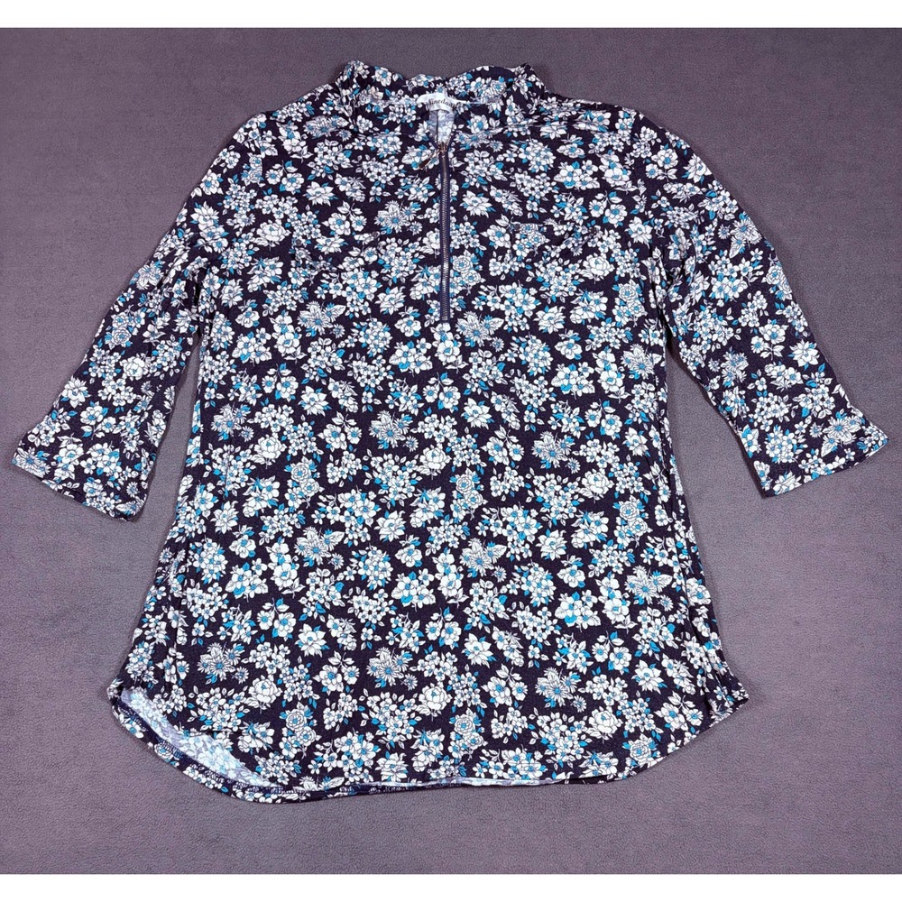 Ninedaily Floral Tunic Top Womens Large Navy Blue 3/4 Sleeve Quarter Zip